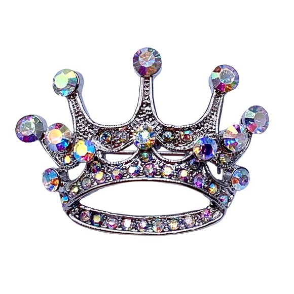 Crown Jewelry - Vintage Style Princess Crown Brooch Pin Aurora Borealis Rhinestones Silver Tone